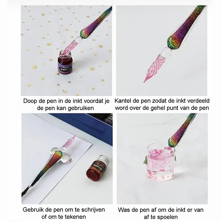Hand schrijft elegant met glazen kalligraaf pen, toont de fijne lijnen voor kunst & ontspanning.