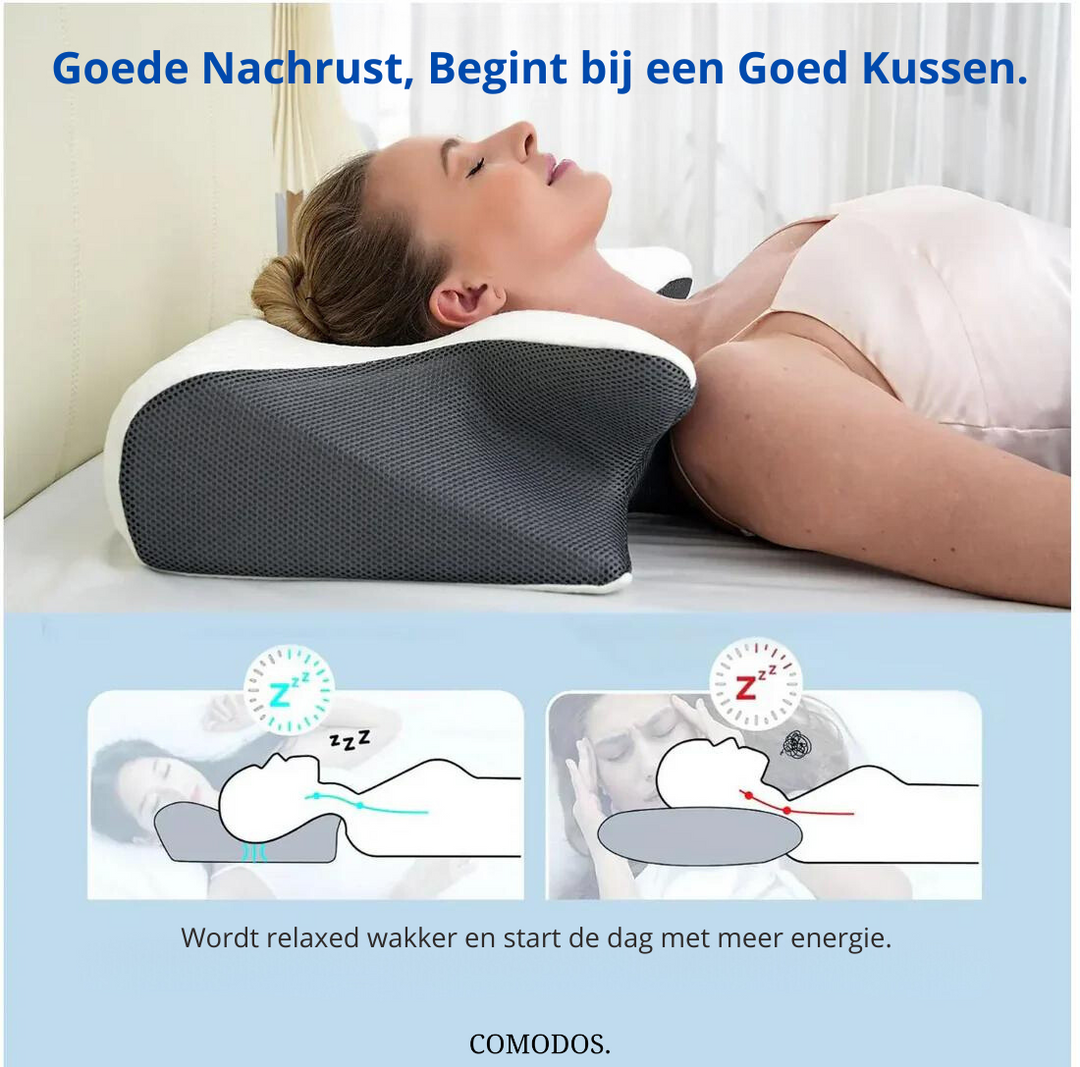 Gevormd ergonomisch slaapkussen met geheugenschuim. Verlicht nekpijn en zorgt voor comfortabele slaapuitlijning.