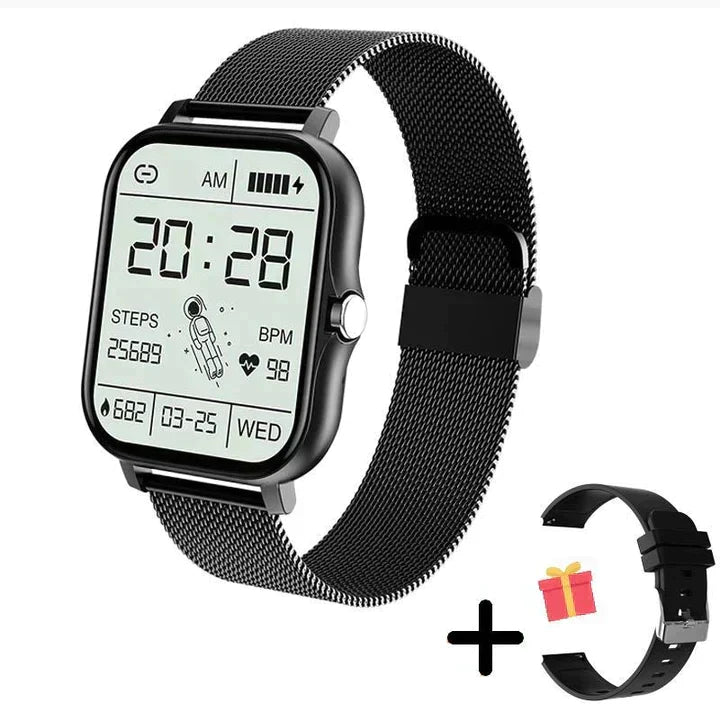 Waterdichte dames/heren smartwatch voor bellen via Bluetooth. Elegant design met fitness tracking en meldingen.