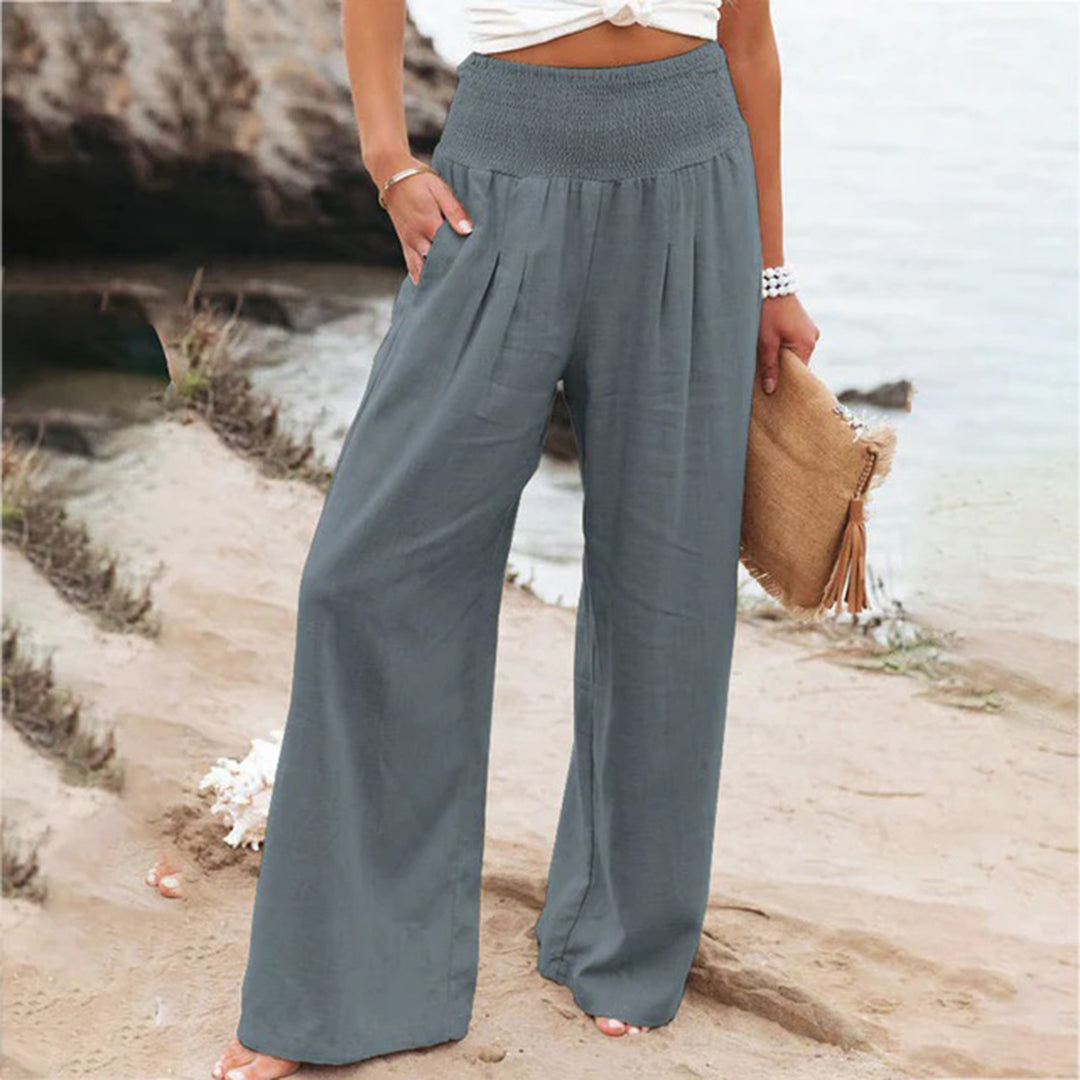 Luchtige zomerbroek voor dames met wijde pijpen, elegant design van polyester voor comfortabel dragen.