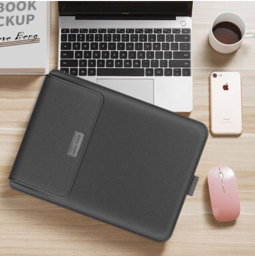 Essentiële gadget voor thuiswerken: laptophoes en ergonomische standaard voor optimaal werkcomfort.