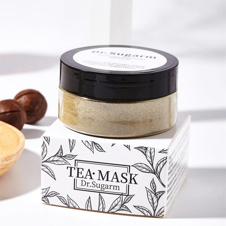 Potje groene thee masker met extracten van matcha en collageen, ideaal voor onzuivere huid.