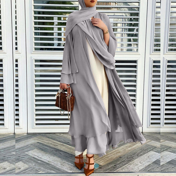 Stijlvolle dames Open Abaya Amina en hoofddoek, een complete set voor een elegante, bescheiden look.