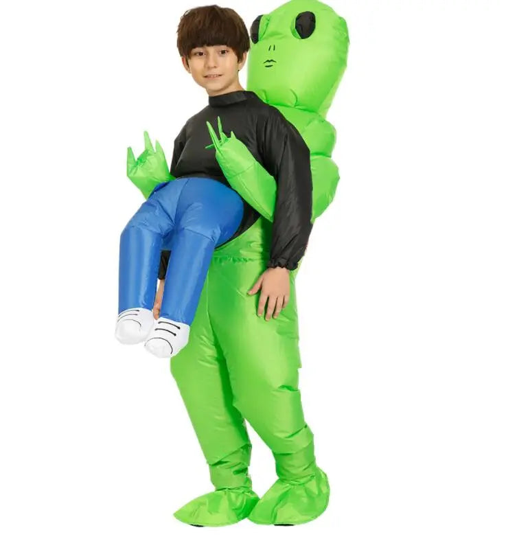 Unisex opblaasbaar groen alien verkleedpak; een uniek kostuum voor Halloween, carnaval en themafeesten voor iedereen.