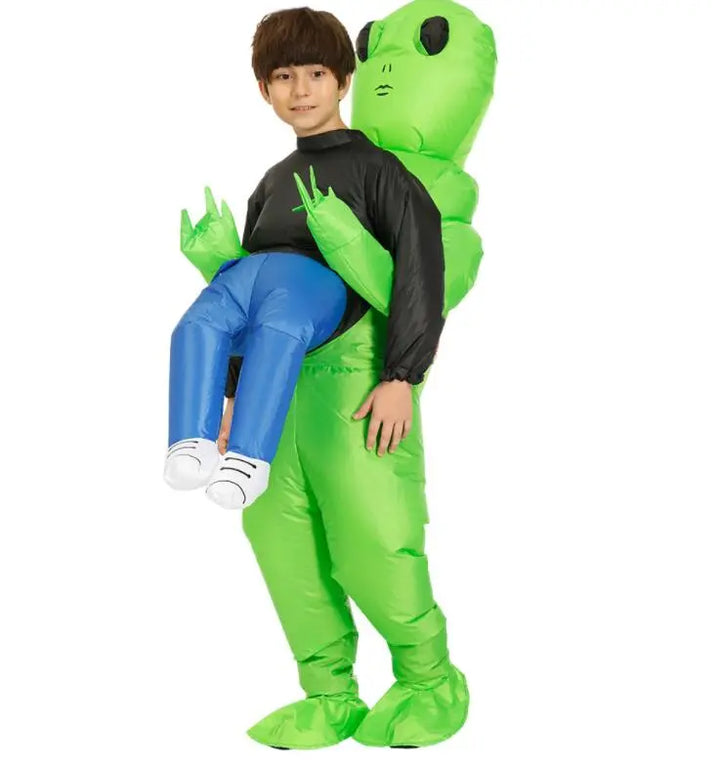 Unisex opblaasbaar groen alien verkleedpak; een uniek kostuum voor Halloween, carnaval en themafeesten voor iedereen.