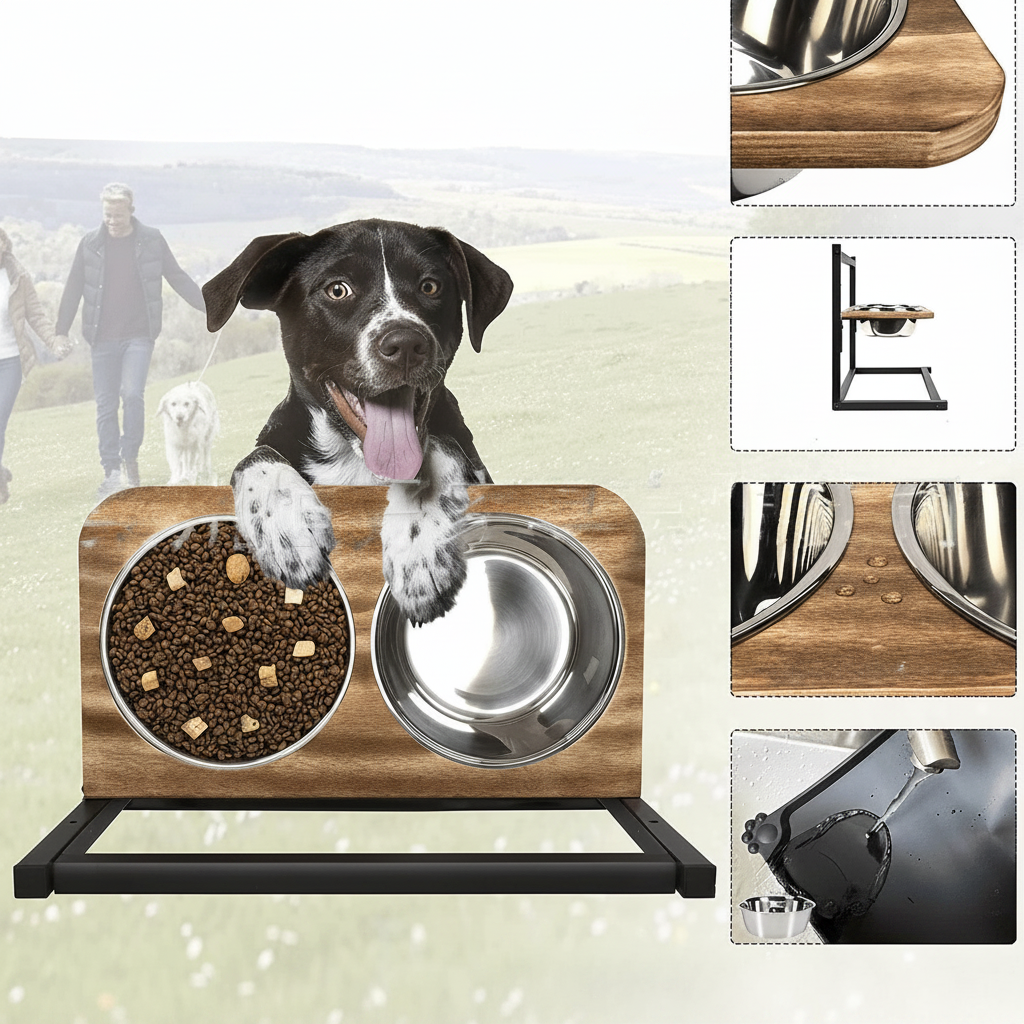 Stijlvol verhoogd honden voederstation met RVS bakken, bevordert een gezonde houding tijdens het eten.