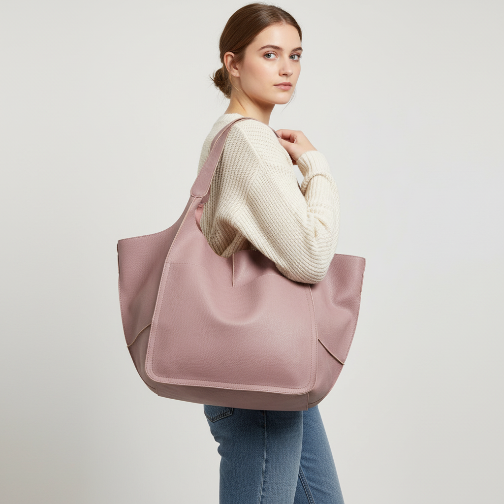 De FlexiCarry, een grote vegan leren tas voor dames die duurzaamheid en stijl combineren als modieus accessoire.