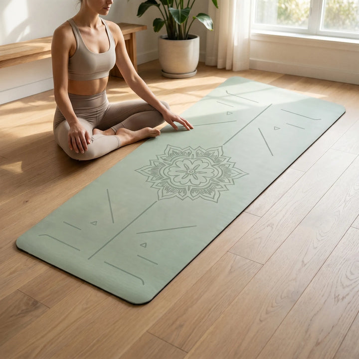 Comfortabele mintgroene yogamat van TPE schuim met uitlijningslijnen voor perfecte houdingen.