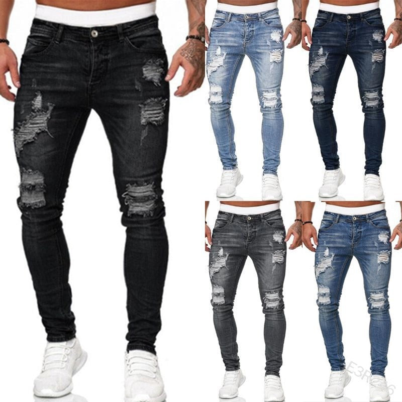Comfortabele heren slim fit jeans met trendy scheuren; perfecte urban mode statement.