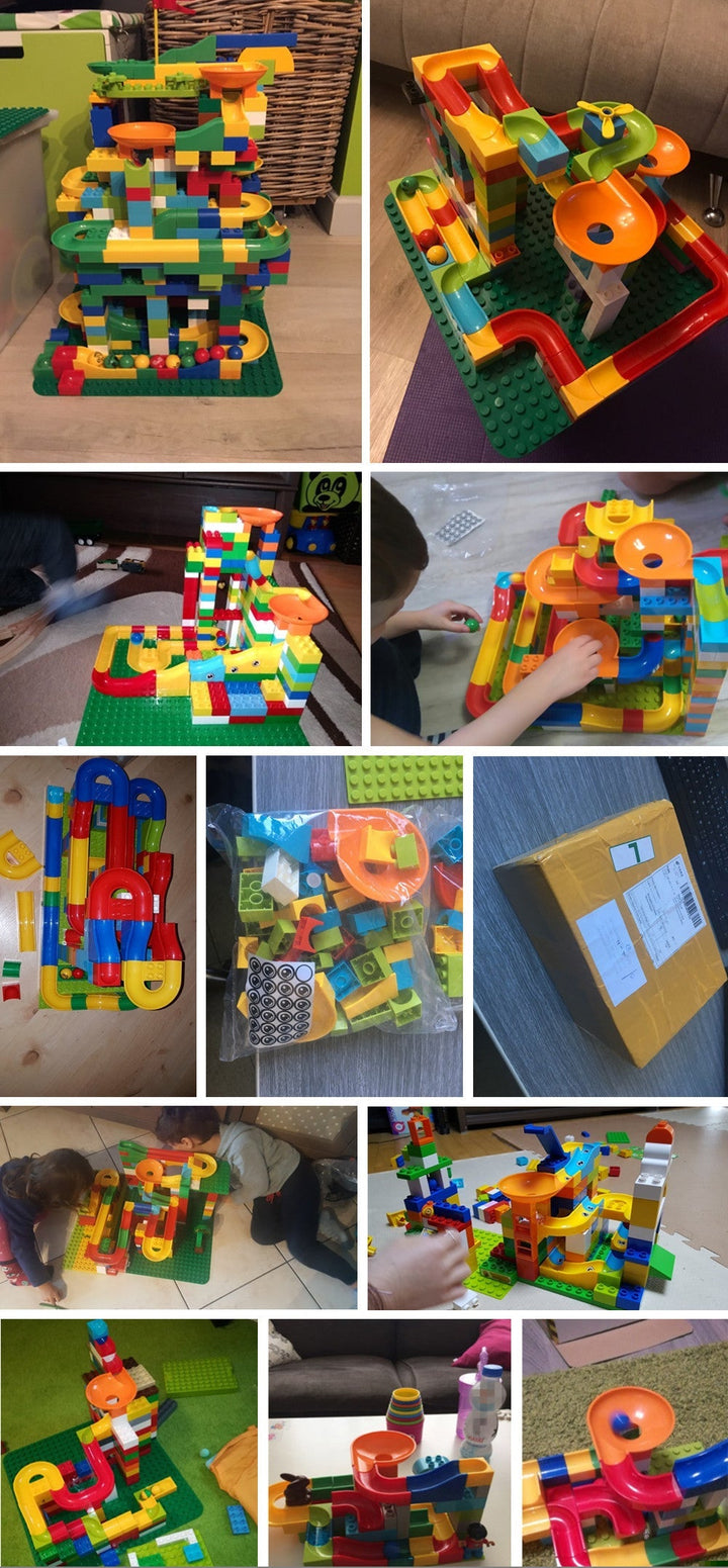Detailopname van knikkerbaan bouwstenen in actie. Kinderen leren constructie en creativiteit met dit speelgoed.