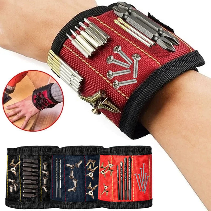 Magnetische polsband voor klussers, ideaal om schroeven, spijkers en klein gereedschap binnen handbereik te houden.