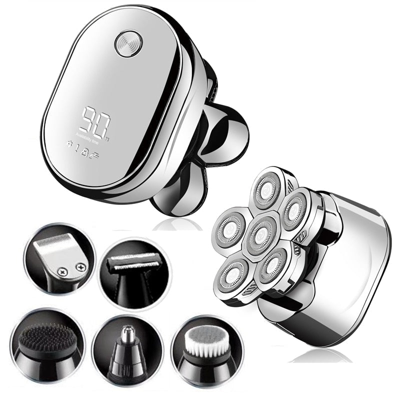 Multifunctioneel 6-in-1 elektrisch scheerapparaat voor mannen, inclusief baard-, neus- en haartrimmer voor complete grooming.