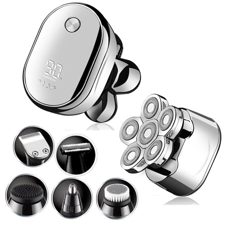 Multifunctioneel 6-in-1 elektrisch scheerapparaat voor mannen, inclusief baard-, neus- en haartrimmer voor complete grooming.