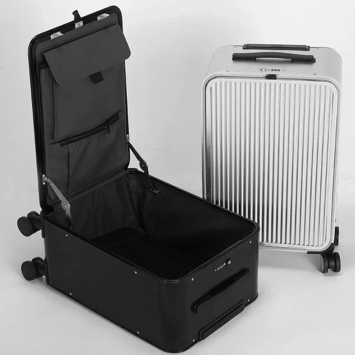 Glanzende Valparaíso aluminium hardshell koffer. Combineert luxe, veiligheid en stevigheid voor reizen.