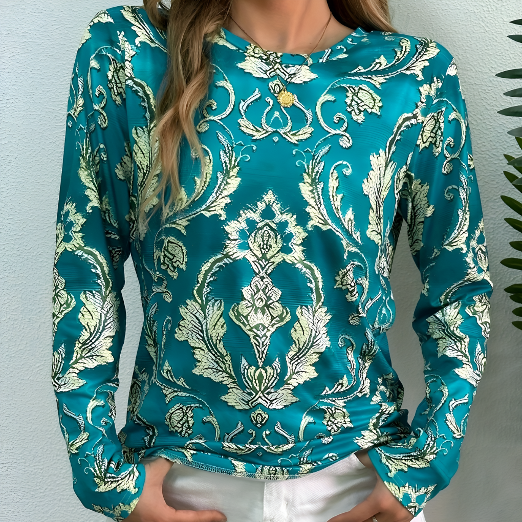 Modieuze Skinzline damesblouse in groen met unieke print, comfortabel en ruimvallend, perfect voor een elegante dagelijkse outfit.