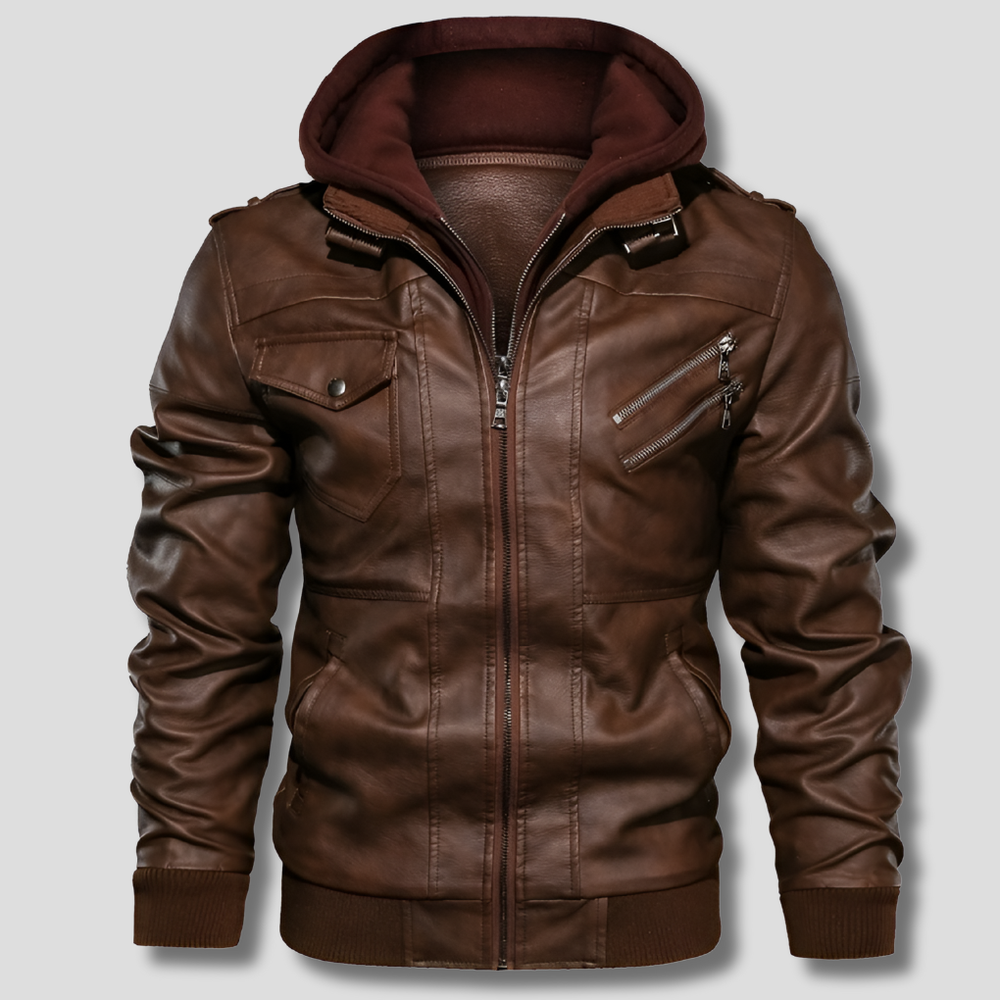 Stijlvolle bruine leren heren jas; veelzijdig overgangsjack voor een casual of zakelijke herenmode outfit.