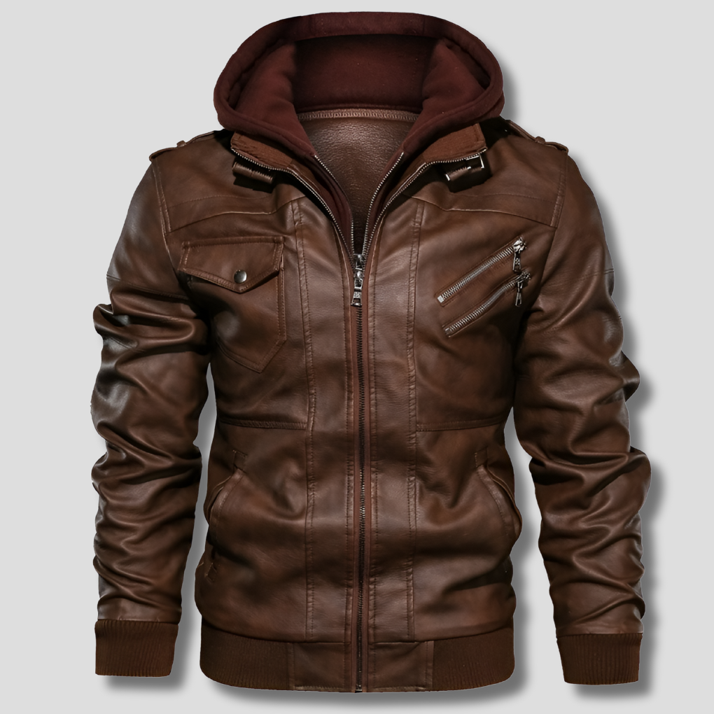 Stijlvolle bruine leren heren jas; veelzijdig overgangsjack voor een casual of zakelijke herenmode outfit.