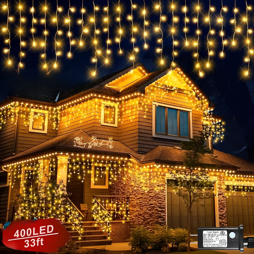 Sfeervolle 20M LED gordijnverlichting warm wit, ideaal voor buiten, tuin, terras en feestdecoratie.