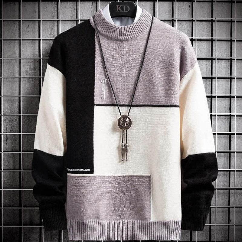 Stijlvolle heren patchwork trui met uniek design; warme winter sweater voor mannen.
