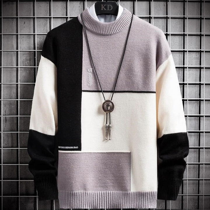 Stijlvolle heren patchwork trui met uniek design; warme winter sweater voor mannen.