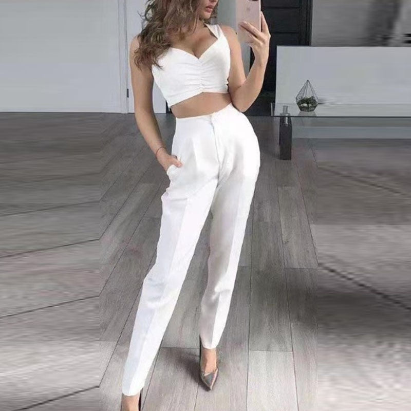 Elegante damesblazer set met broek en top, driedelig, voor een comfortabele en tijdloze zakelijke of casual look.