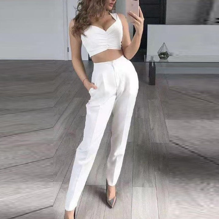Elegante damesblazer set met broek en top, driedelig, voor een comfortabele en tijdloze zakelijke of casual look.