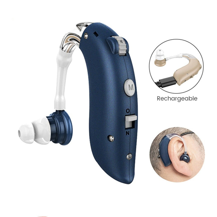 Discreet oplaadbaar hoortoestel, comfortabel gedragen achter het oor voor universeel helder geluid.