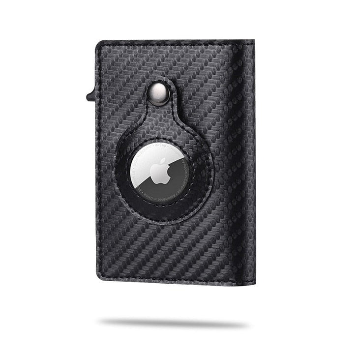 Heren AirTag portemonnee met GPS tracking, stijlvol zwart carbon fiber design en veilige kaarthouder.
