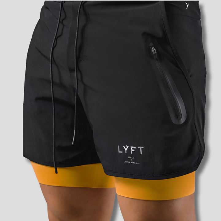 Heren 2-in-1 sportbroek met comfortabele pasvorm en compressie, ideaal voor fitness en training.