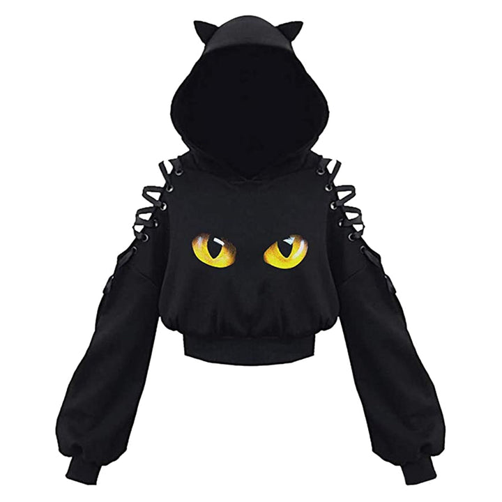 Comfortabele zwarte CatHoodie™ voor dames, met schattige kattenoren aan de capuchon.