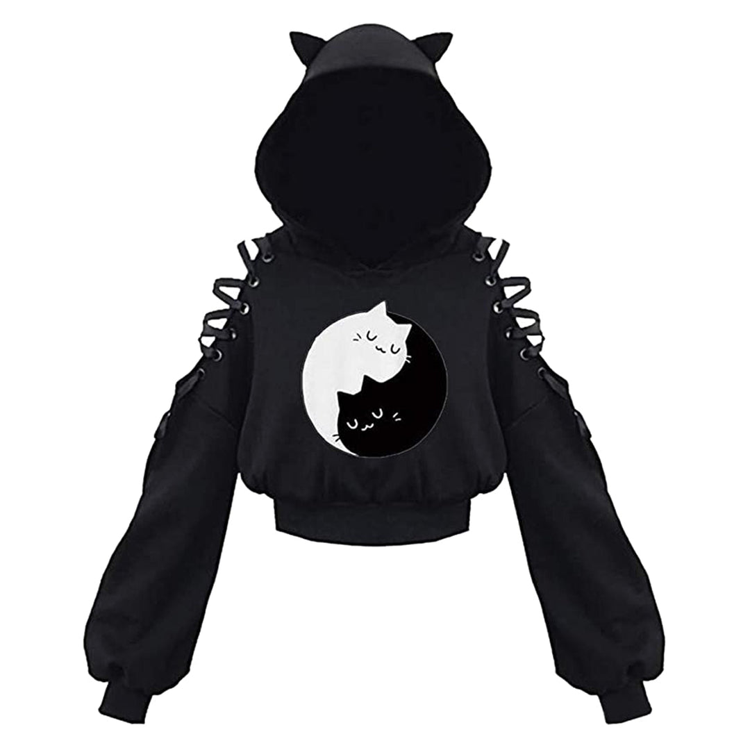 Kawaii dames hoodie met kattenoren en zwarte capuchon, ideaal als speelse bovenkleding.