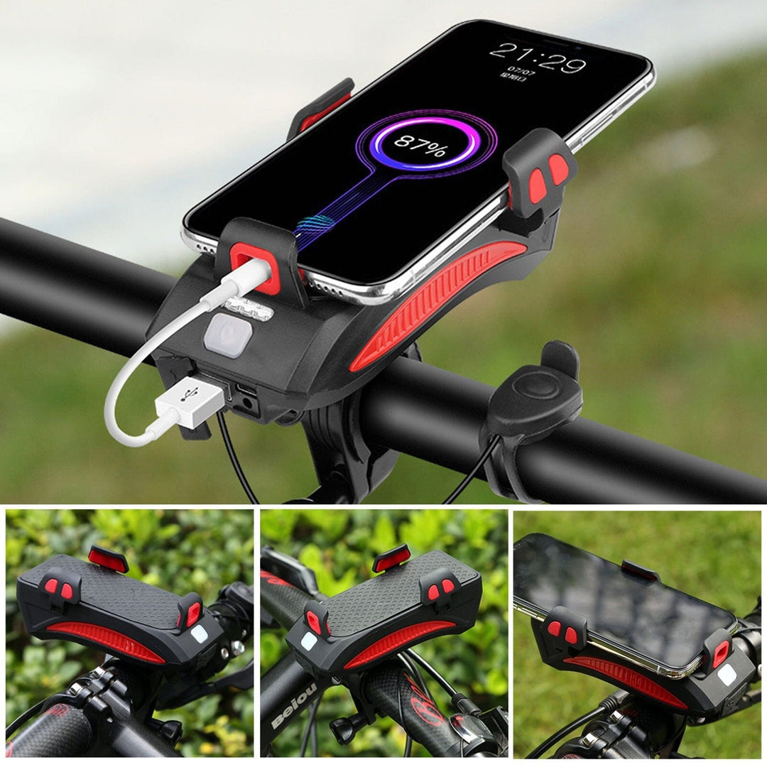 Unisex 4-in-1 fietslamp met LED verlichting, telefoonhouder, powerbank & claxon. Ideaal fietsaccessoire.