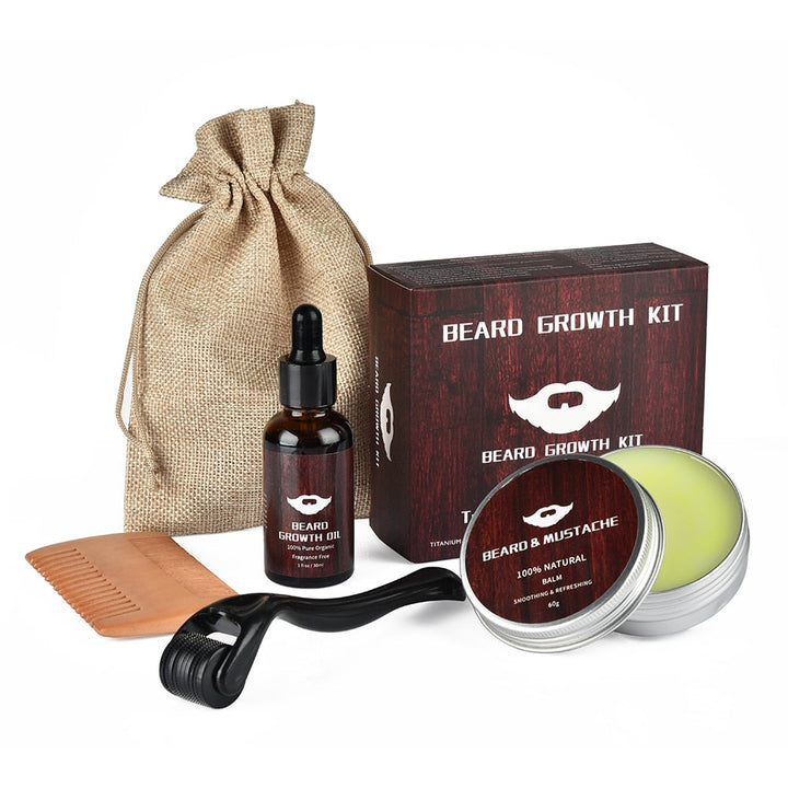 Mannen grooming kit: baardgroei stimulerende set met baardroller, natuurlijke olie en balsem voor een volle baard.