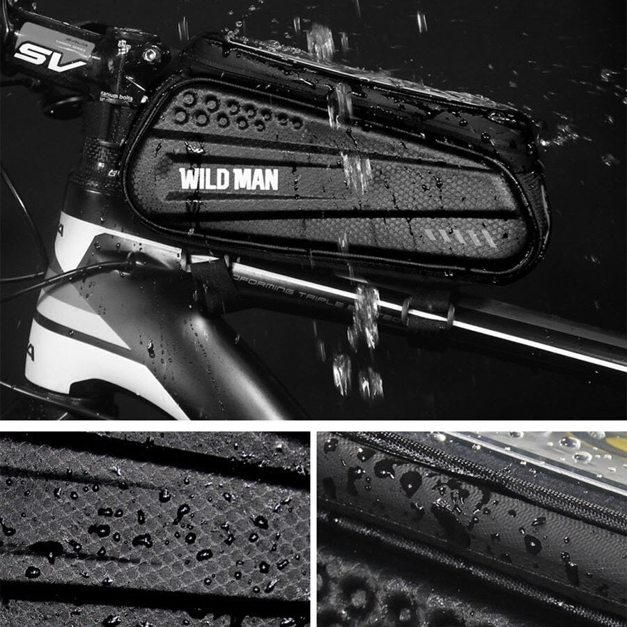 Waterdichte frametas fiets met touchscreen telefoonhouder voor navigatie. Ideaal fietsaccessoire voor elke rit.