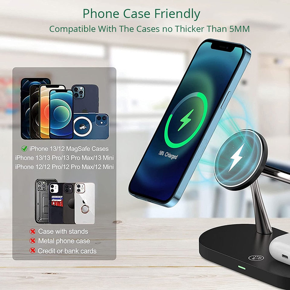 Modern draadloos laadstation met telefoonhouder voor smartphone, smartwatch en draadloze oordopjes.