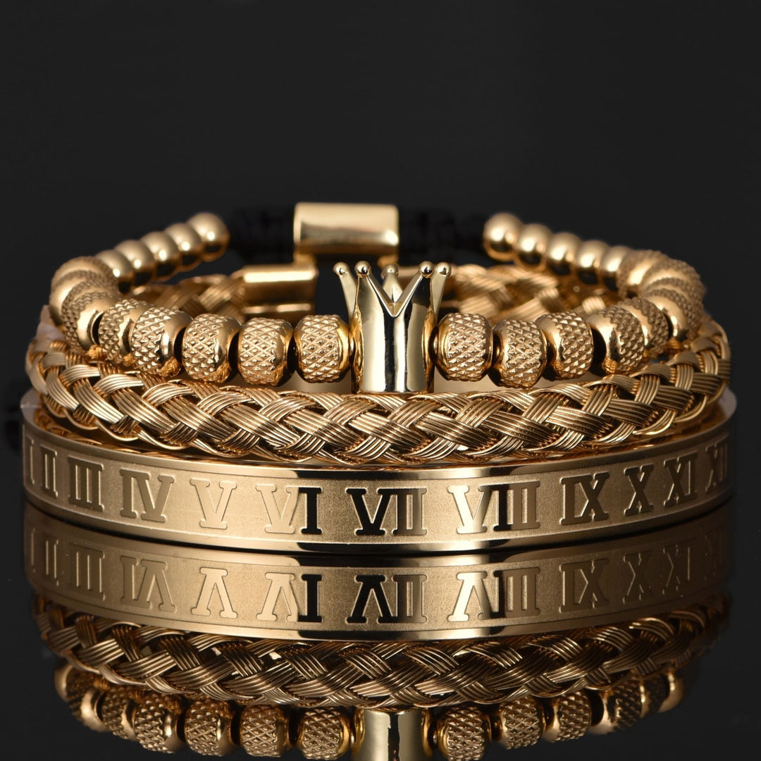 Luxe heren armbandenset Julius met kroon en Romeinse cijfers. Stijlvolle edelstalen sieraden voor mannen.
