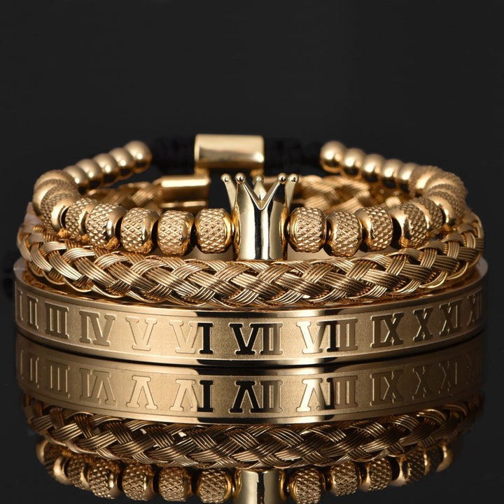 Luxe heren armbandenset Julius met kroon en Romeinse cijfers. Stijlvolle edelstalen sieraden voor mannen.