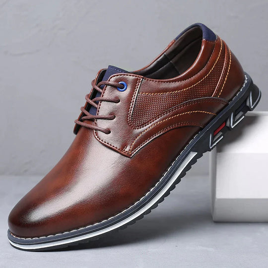 Veelzijdige Finn orthopedische leren herenschoenen in bruin en zwart, met focus op comfort en duurzaamheid.