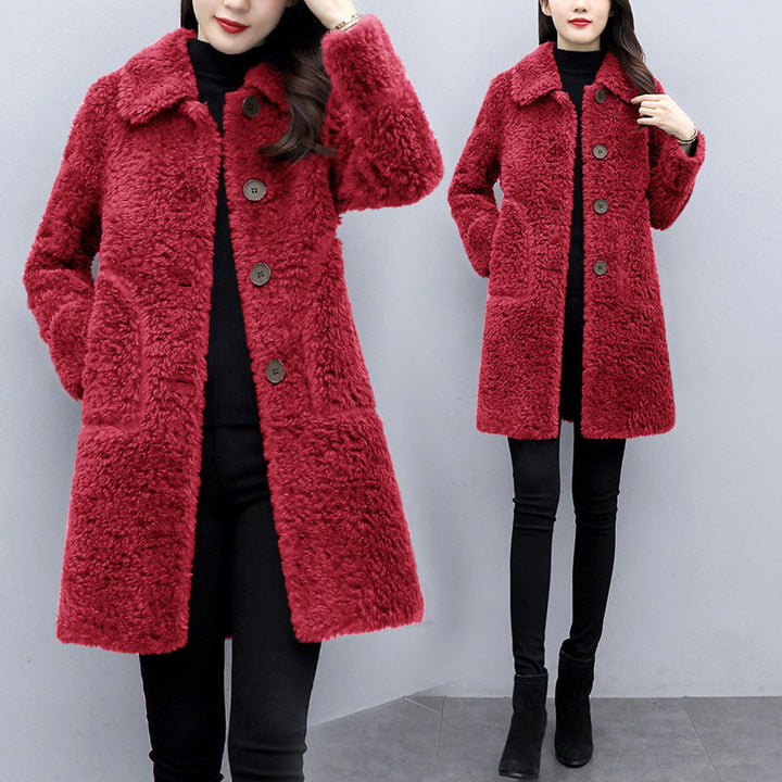 AlisonsJacket lange damesjas met elegante snit en meerkleurig design. Stijlvolle en warme modieuze jas voor vrouwen.