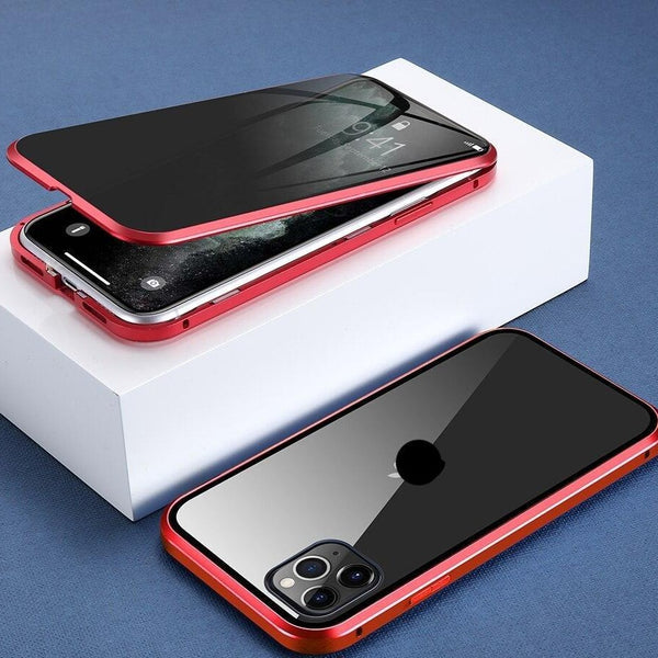 PrivaGuard magnetische privacy hoes voor iPhone, met donker privacyscherm dat gevoelige informatie afschermt. Essentiële bescherming.