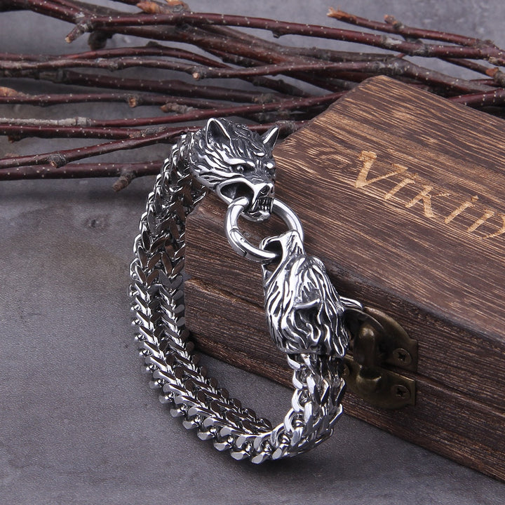 Zilveren Viking wolf armband voor heren, symbool van kracht en moed. Handgemaakt Noords sieraad.