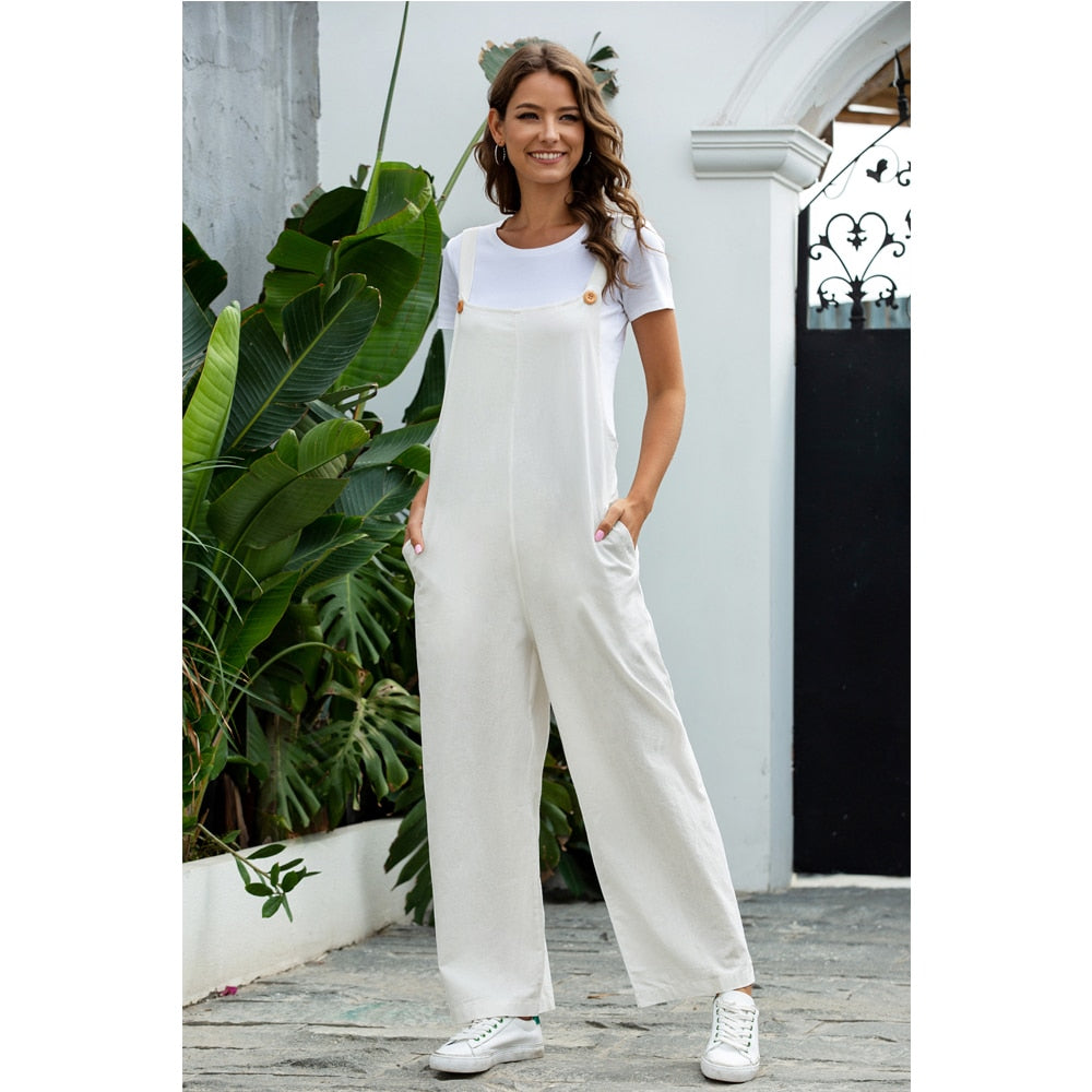 Rug-aanzicht van de klassieke effen dames jumpsuit Julia. Een comfortabele en stijlvolle keuze voor de zomer.