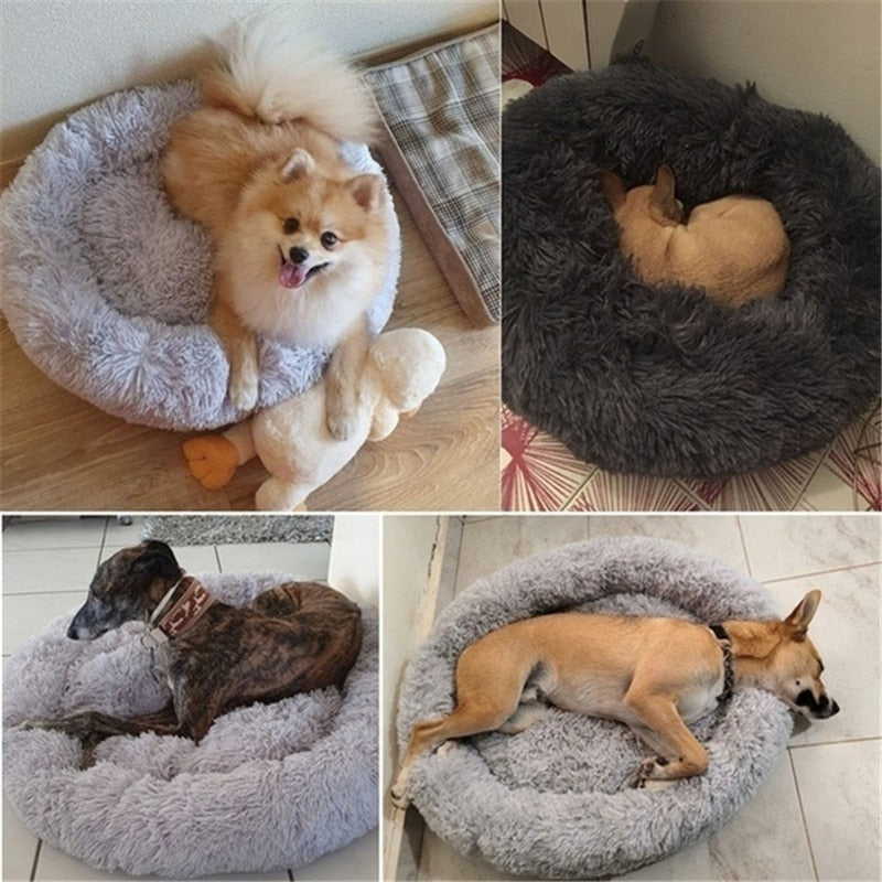 Grijze Didi Donut hondenmand, kalmerend huisdierenbed voor angstvermindering bij honden en katten.