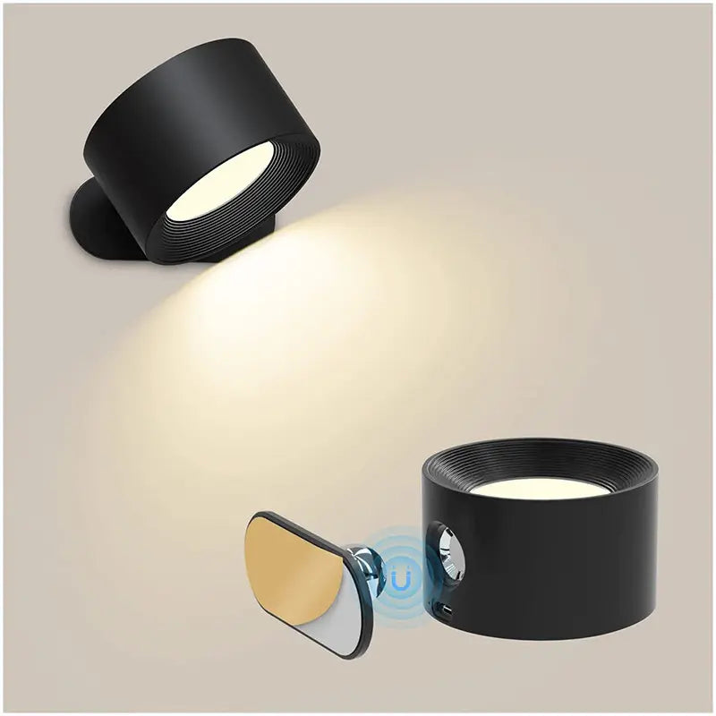 Strakke draadloze LED muurlamp met 360 graden draaibare kop. Perfecte moderne wandverlichting voor schilderijen of accenten.