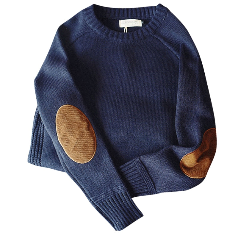 Modieuze heren trui met ronde hals en elleboogpatches, de Sven sweater voor een comfortabele casual winterlook.