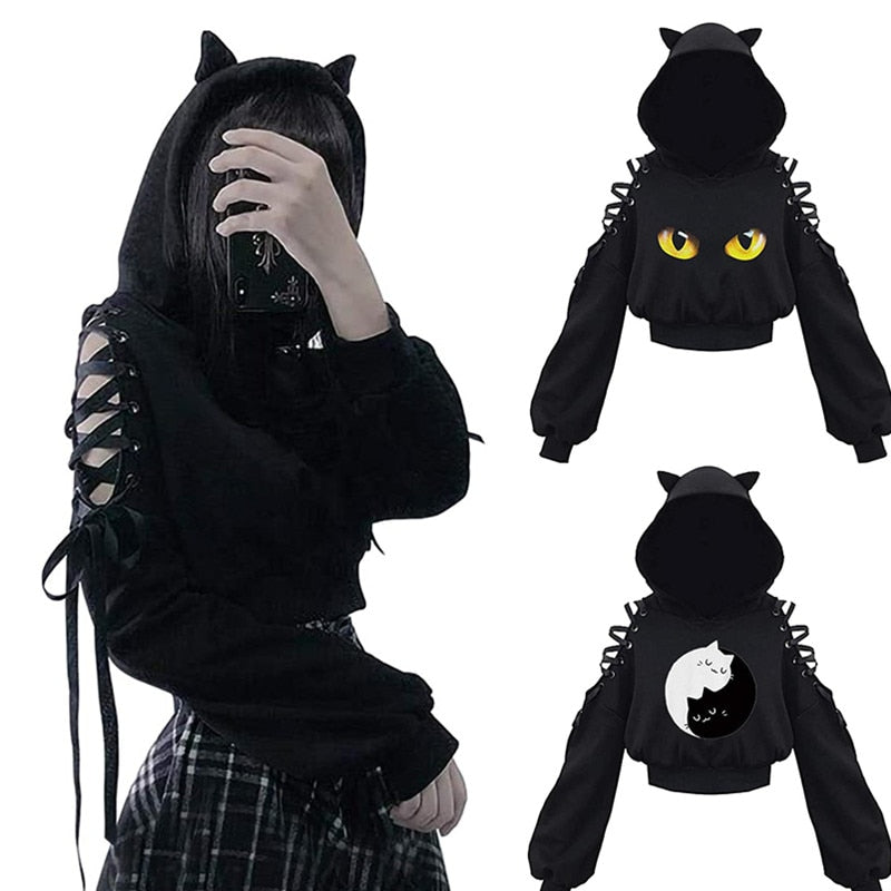 Zwarte dames kattenhoodie met oren, comfortabel en speels, perfect voor een casual look.