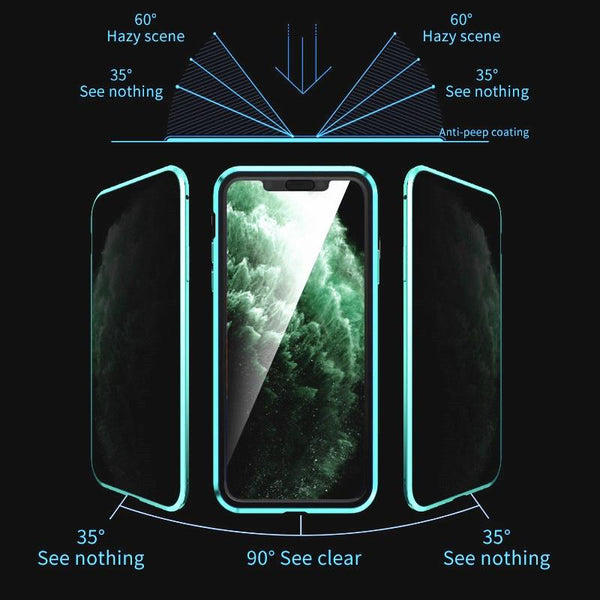 Persoon gebruikt de magnetische iPhone privacy hoes van PrivaGuard voor discrete telefoonweergave in openbare ruimtes.