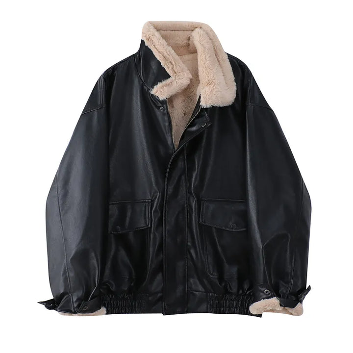 Vintage PU-leren Amanda dames winterjas met lamswol voering, warm en stijlvol.