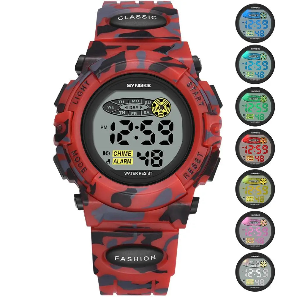 Waterdicht digitaal kinderhorloge, perfect voor zwemmen en avontuur. Duurzaam en schokbestendig voor actief spelen.