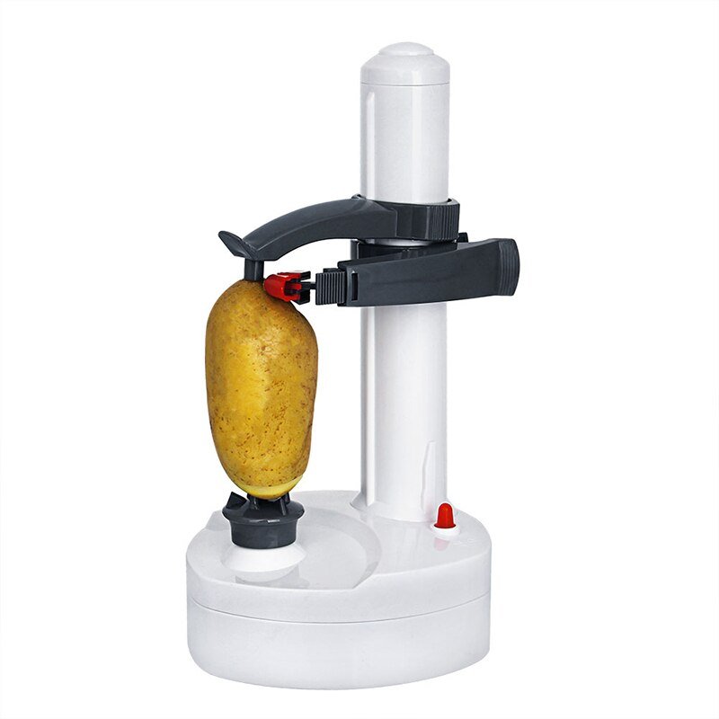 Witte automatische groenteschiller met rood detail. Tijdsbesparend en efficiënt keuken gadget.